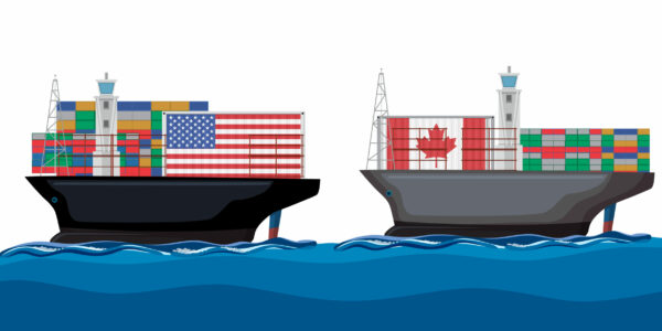 International Trade and Tariff Illustration Two cargo ships with national flags on containers